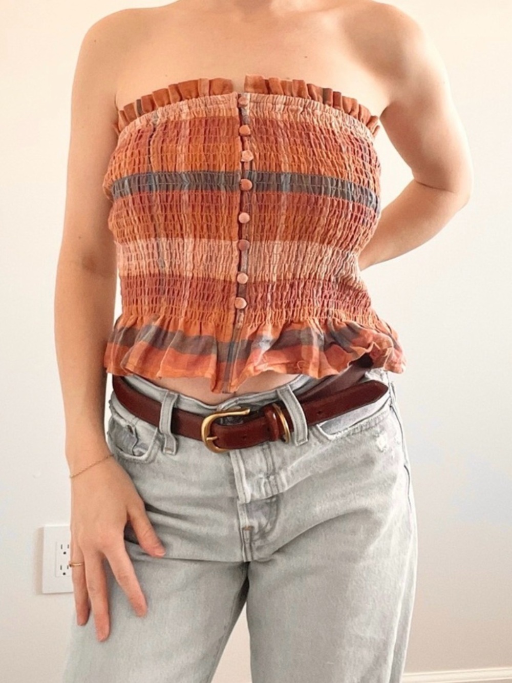 American Eagle Outfitters Rust Plaid Smocked Tube Top